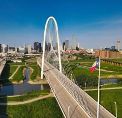 Dallas skyline, bridge, and Texas state flag