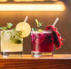 Three colorful cocktails