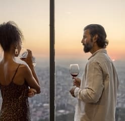 attractive couple drinking wine at sunset