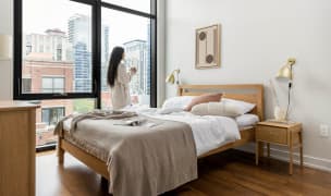 a woman stares out the window