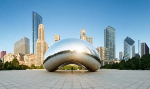 Chicago skyline with cloud gate also known as the Chicago bean