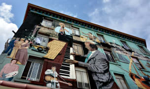 view of large 3D mural and blue sky in San Francisco