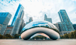 A photograph of the famous bean sculpture in central chicago