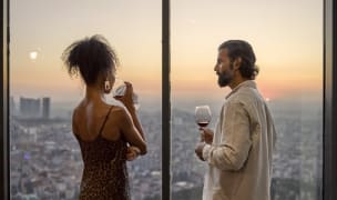 attractive couple drinking wine at sunset
