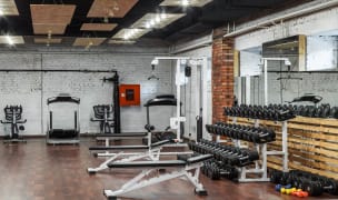 gyms in DC rack of dumbbells against a mirror with weight benches and treadmills