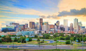 denver skyline with a beautiful blue/golden sky