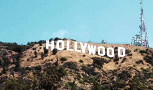 from a distance you can see the infamous hollwood sign up in the hills