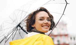 woman smiling, holding an umbrella and wearing a yellow rainjacket