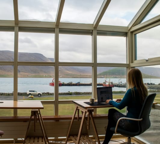 woman working remotely with a view