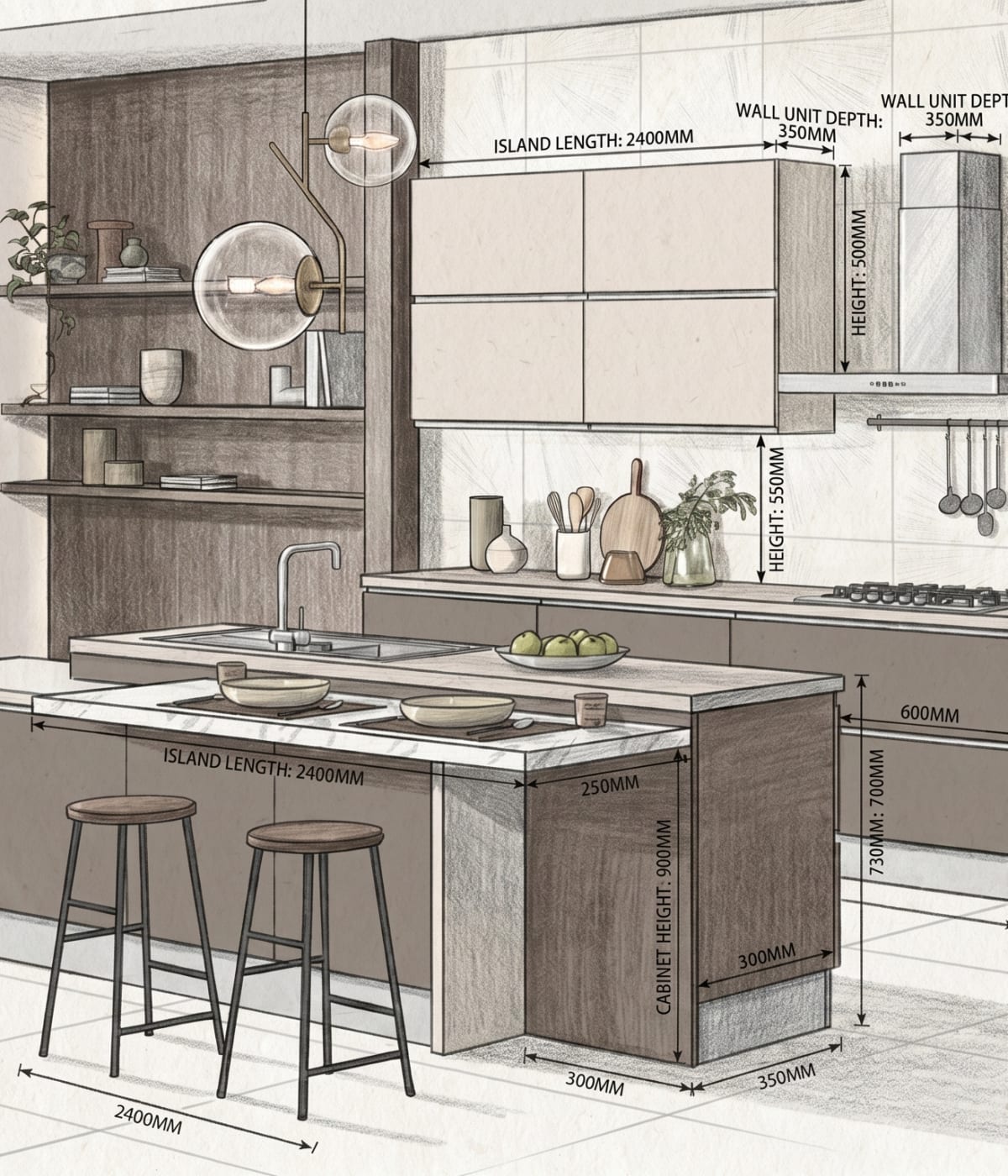 Technische schets van een keuken op maat met afmetingen