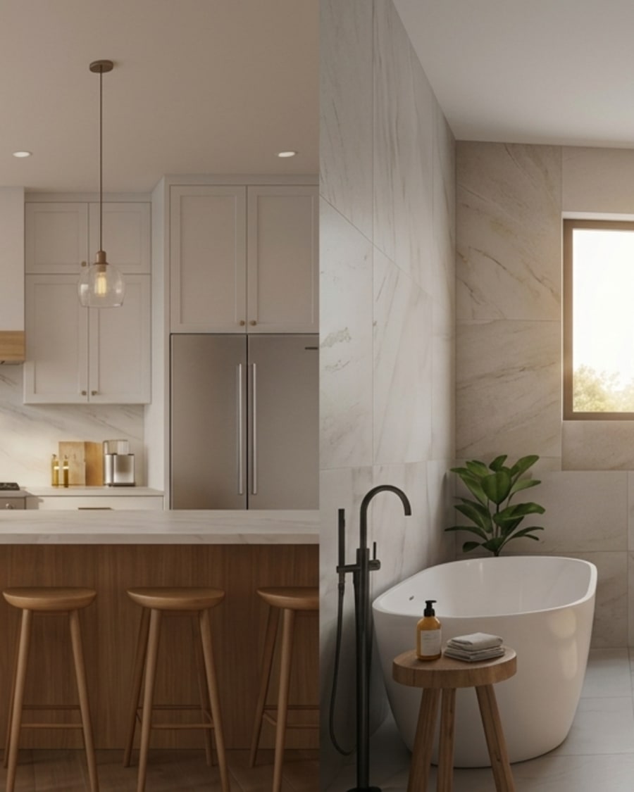 A warm, sunlit kitchen on the left and a modern bathroom with a wooden vanity on the right