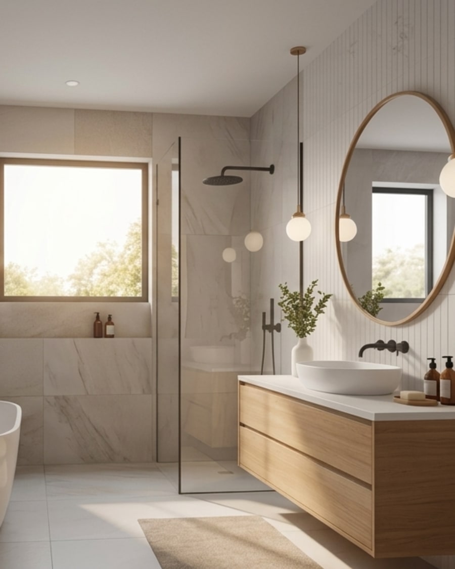 A modern bathroom with a wood vanity, round mirror and walk-in shower