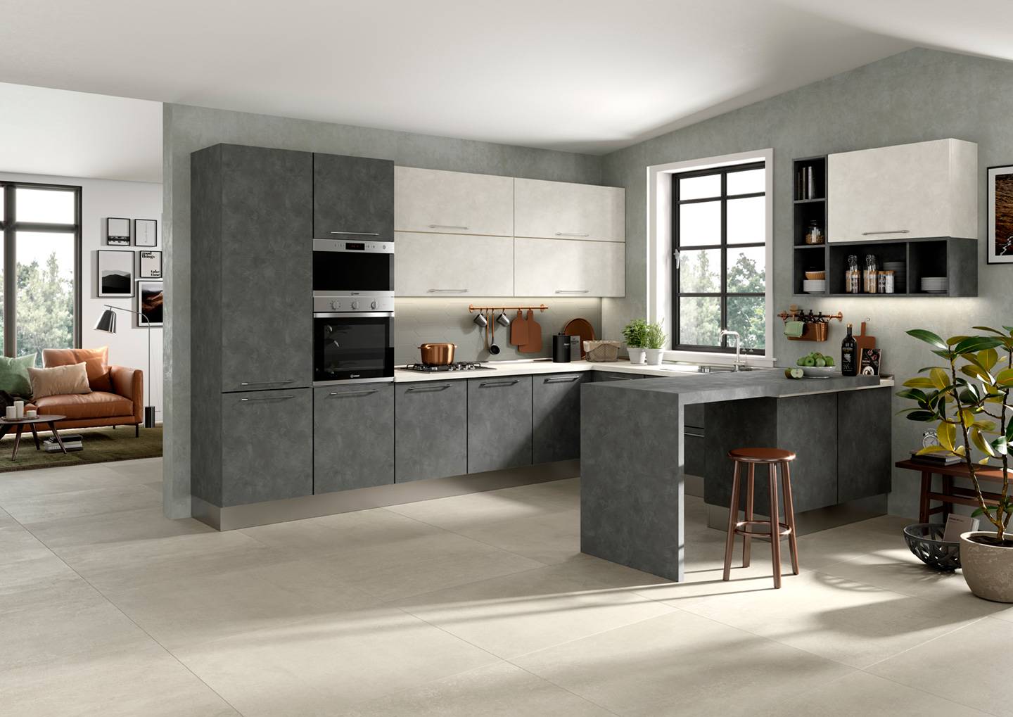 Cuisine en U avec finition stucco gris plomb