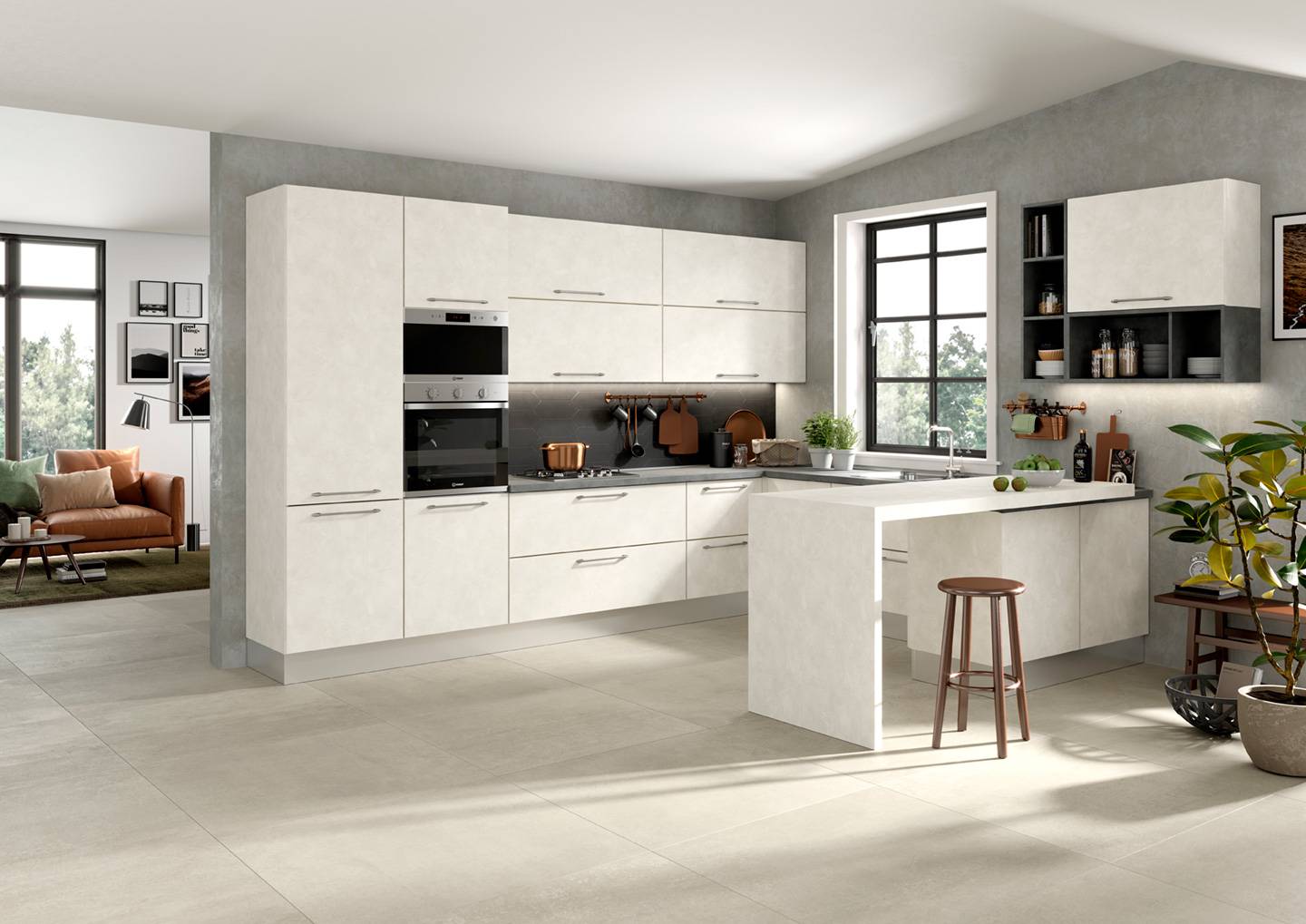 Cuisine en U avec finition stucco blanc