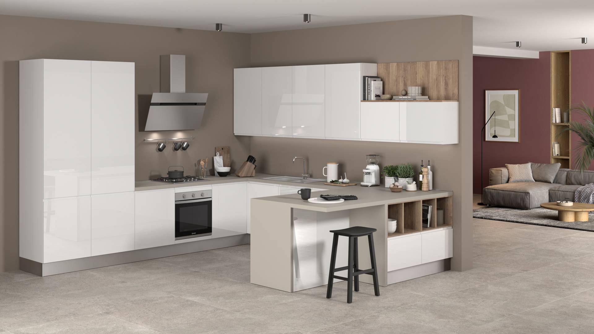 Cuisine îlot en blanc laqué avec plan de travail taupe et accents bois