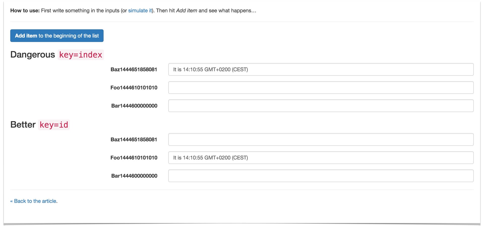 Screenshot of the example showing the danger of using the index as key.