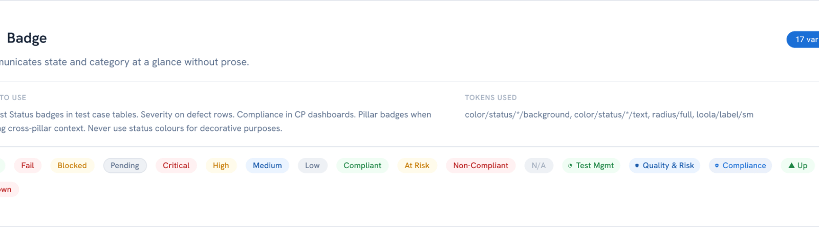 Badge set for test status, severity, compliance state and pillars