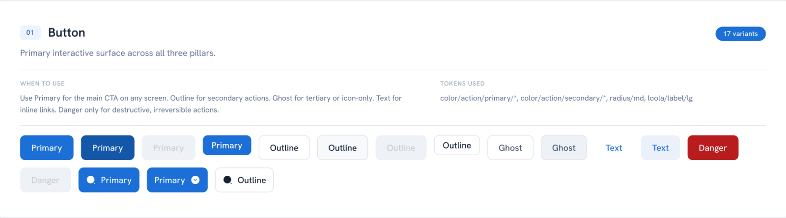 Button component with when-to-use notes and the tokens it uses