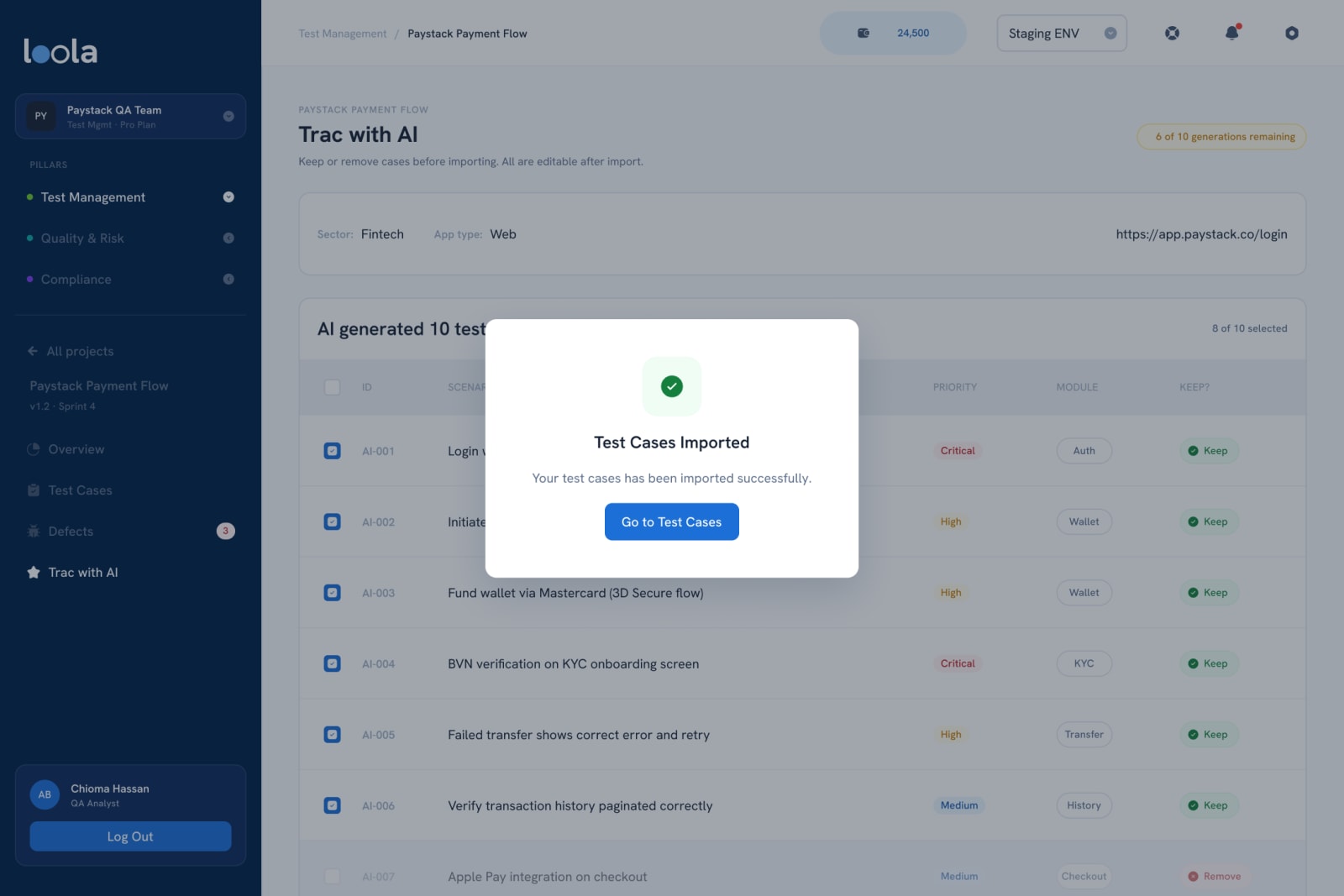 Test cases imported, and editable afterwards