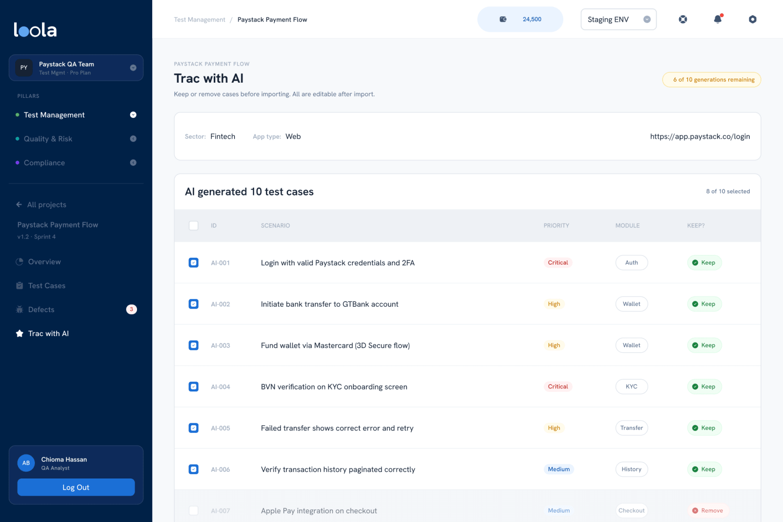 AI-generated test cases to keep or remove before import