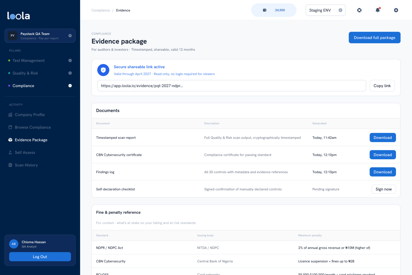 Evidence package: a shareable read-only link, documents and the fine and penalty reference