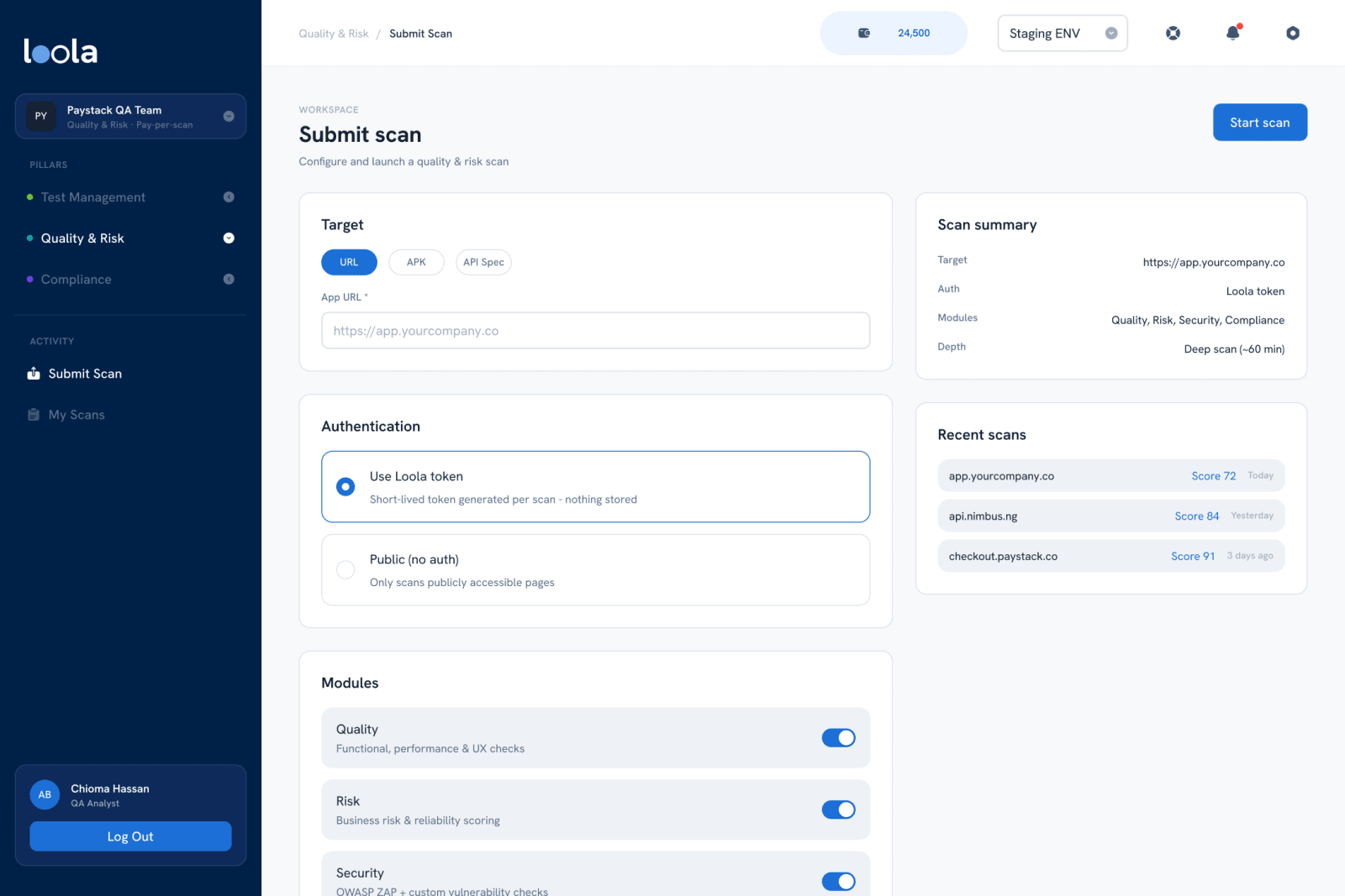 Submit a scan: target, authentication and modules
