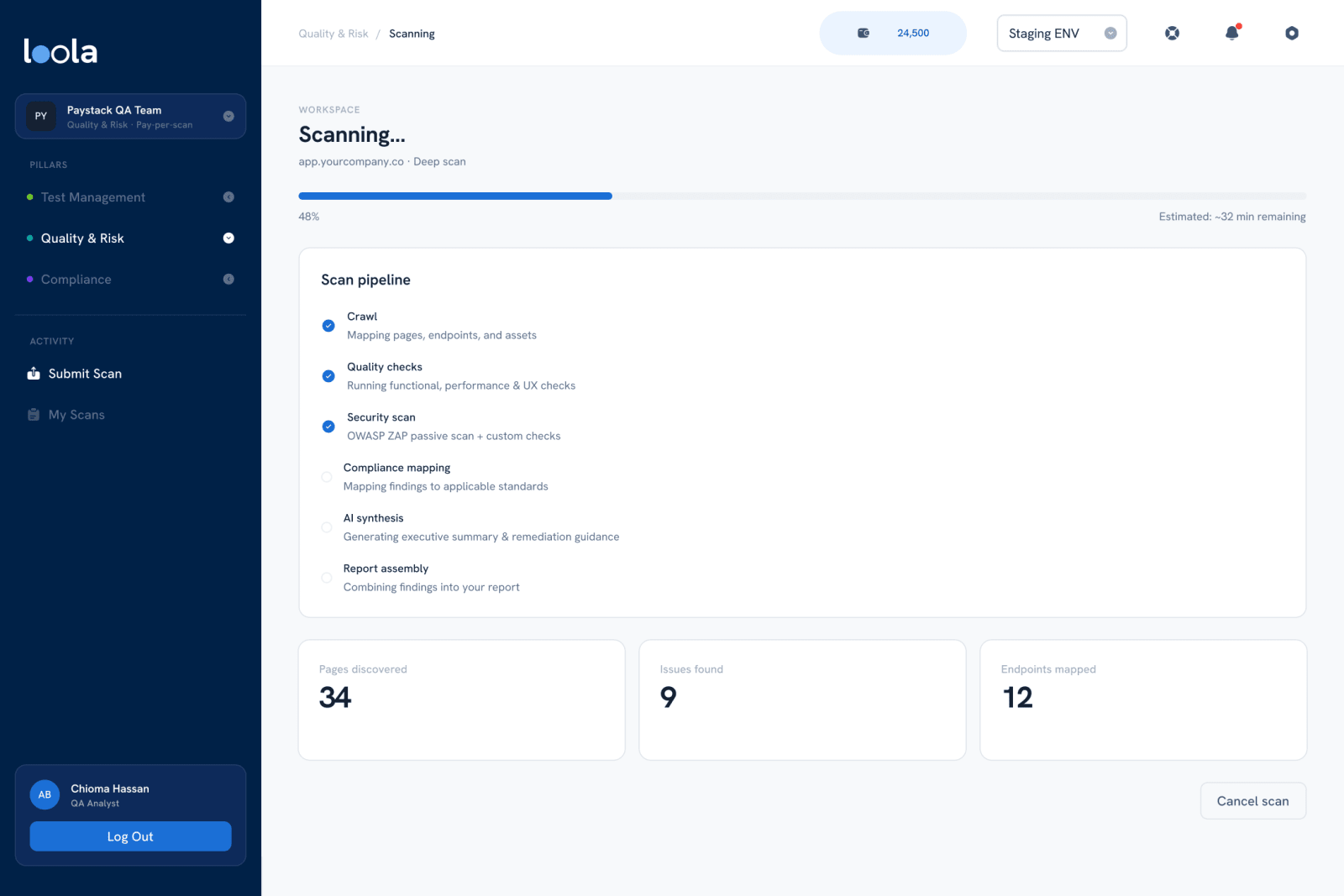 Scanning: the pipeline step by step, with pages, issues and endpoints found