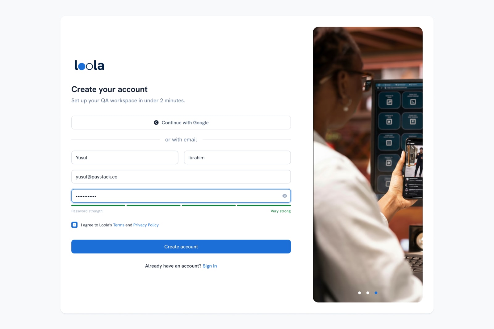 Loola sign-up: create your account