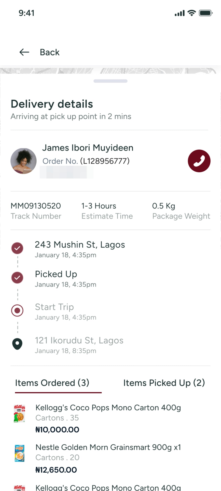 Delivery details: the timeline, items ordered against items picked up, and Start trip. Phone number blurred.