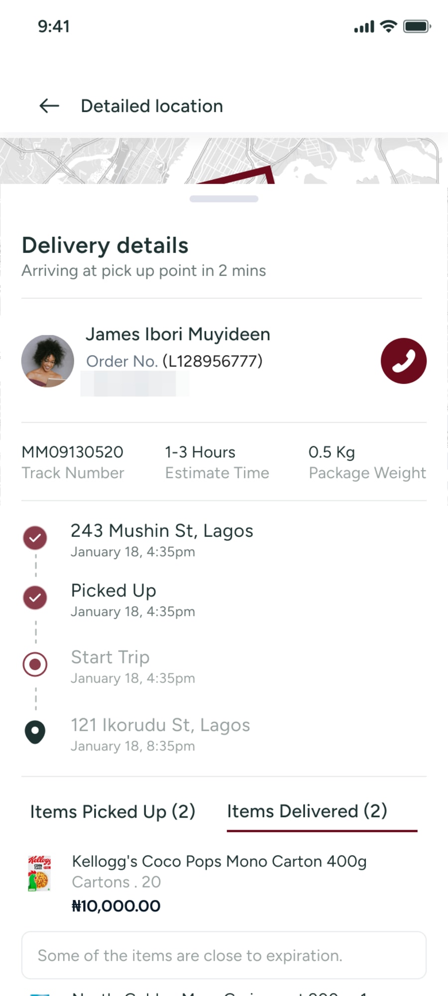 Items picked up against items delivered, with near-expiry and damaged items noted. Phone number blurred.