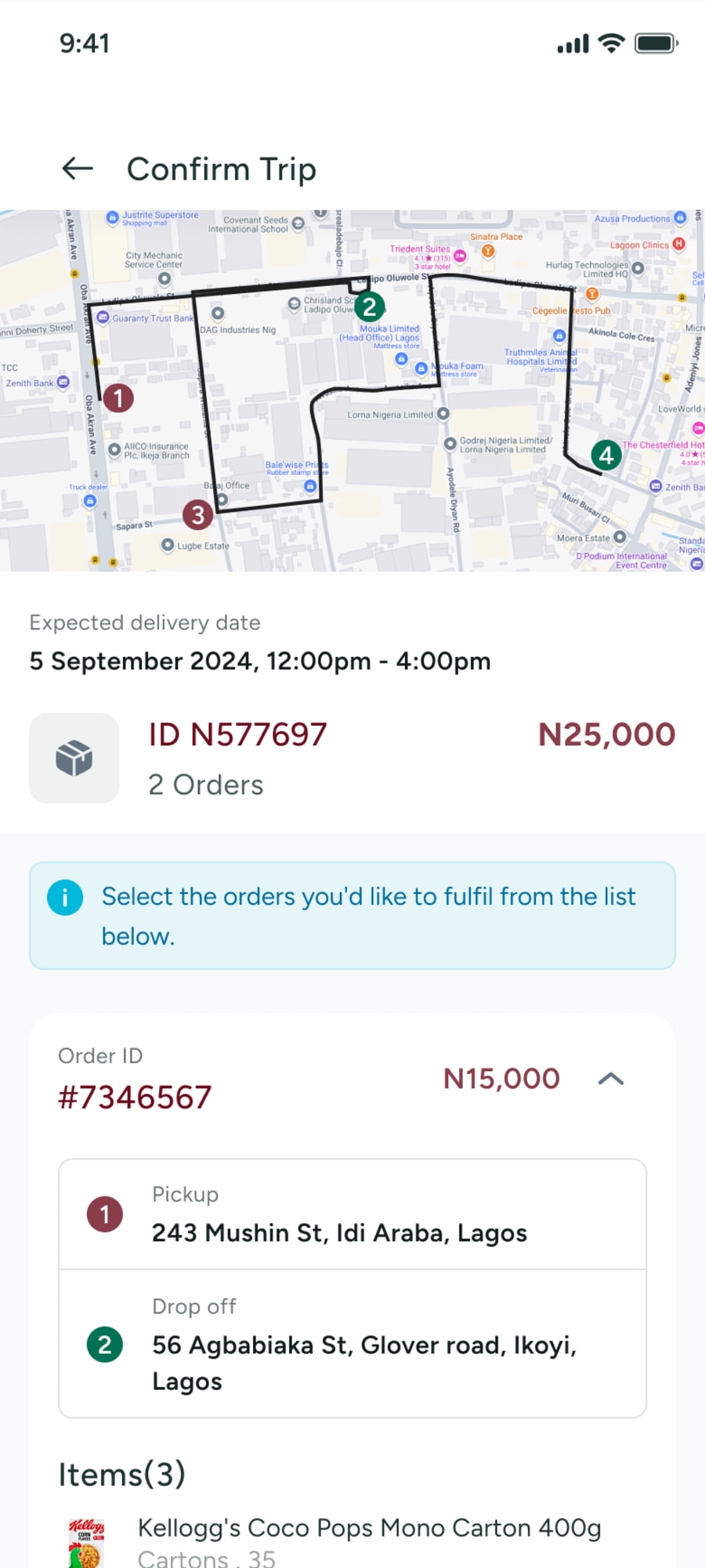 Confirm trip: the delivery window, a route map and the orders to accept one by one