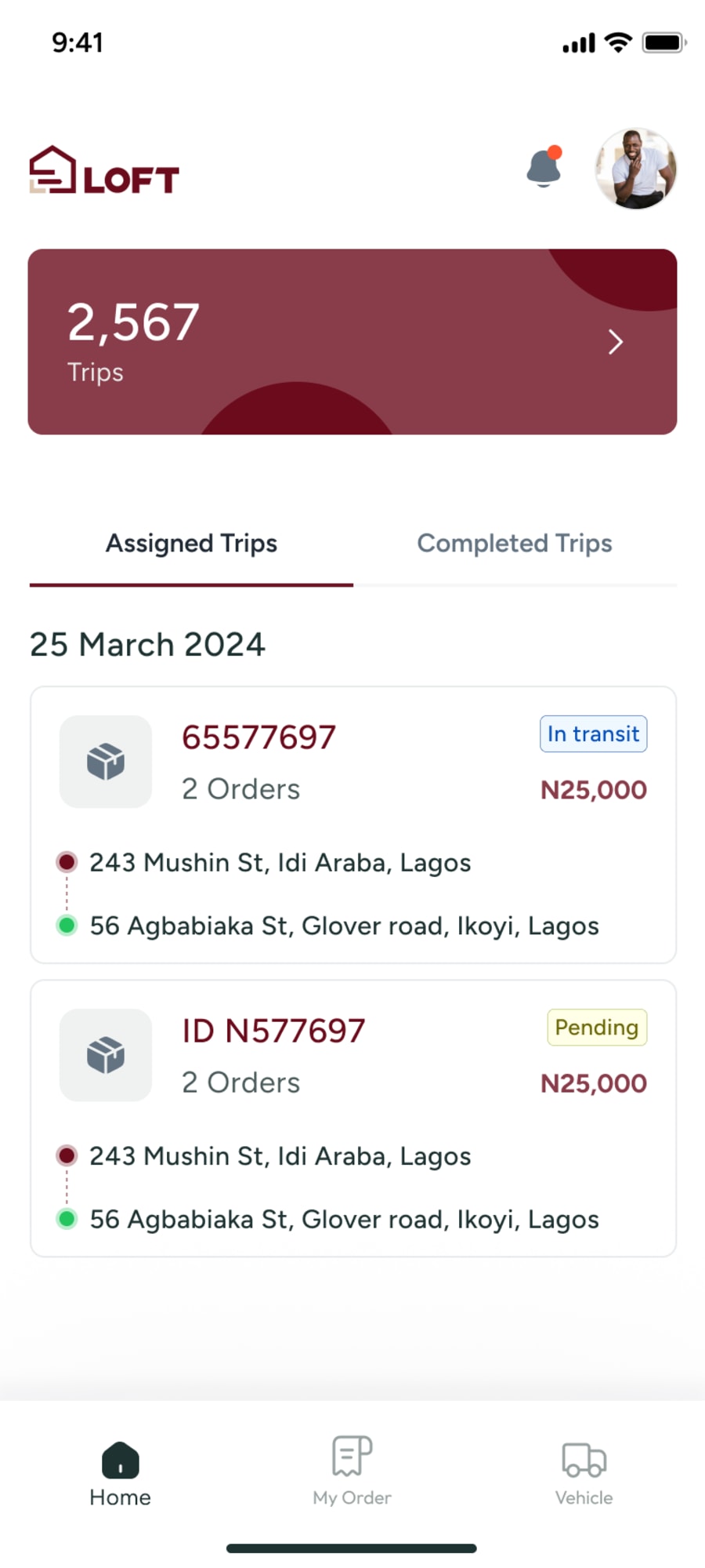 Driver home: assigned and completed trips, each with its orders and value