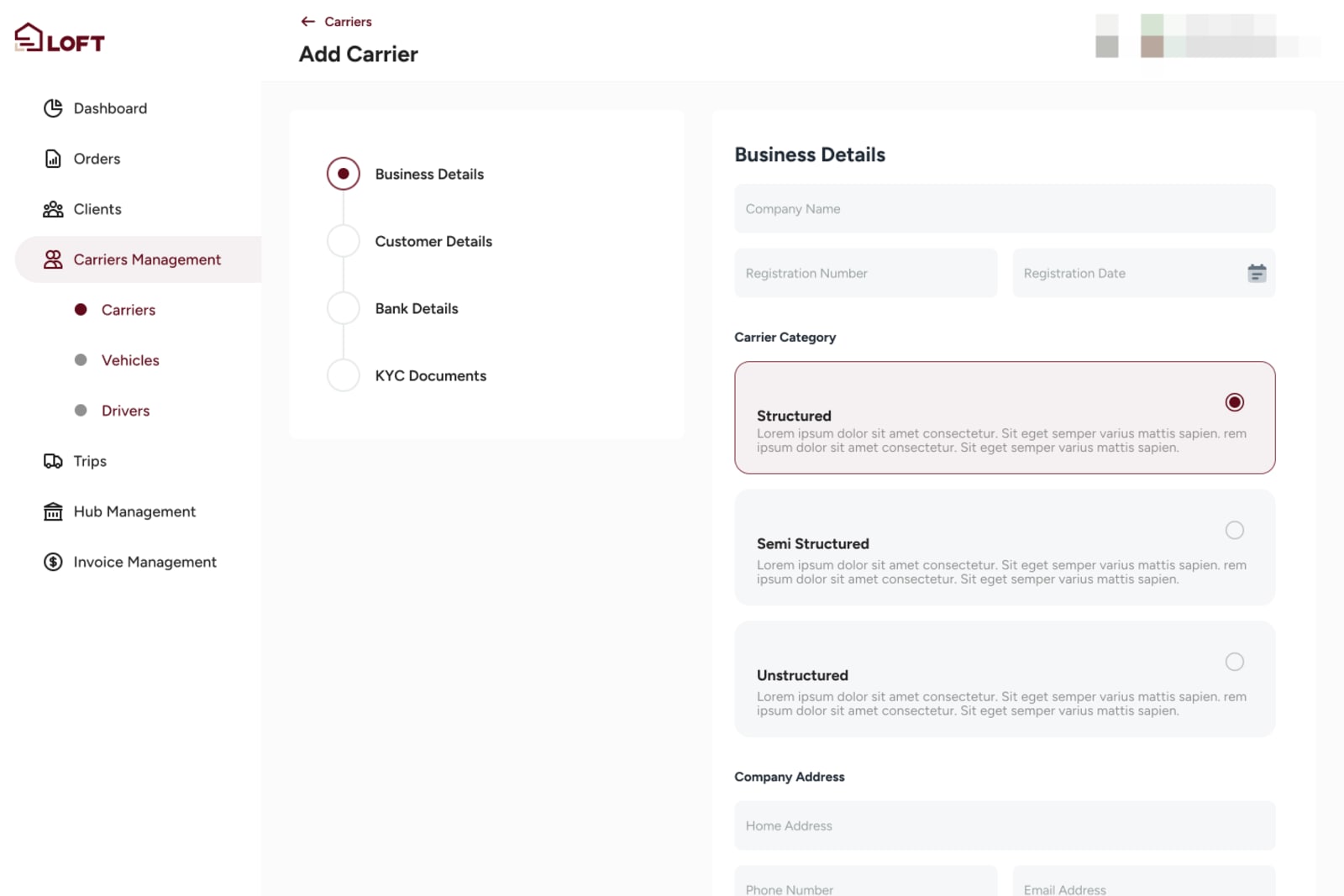Add carrier: business details and the carrier category, structured, semi-structured or unstructured