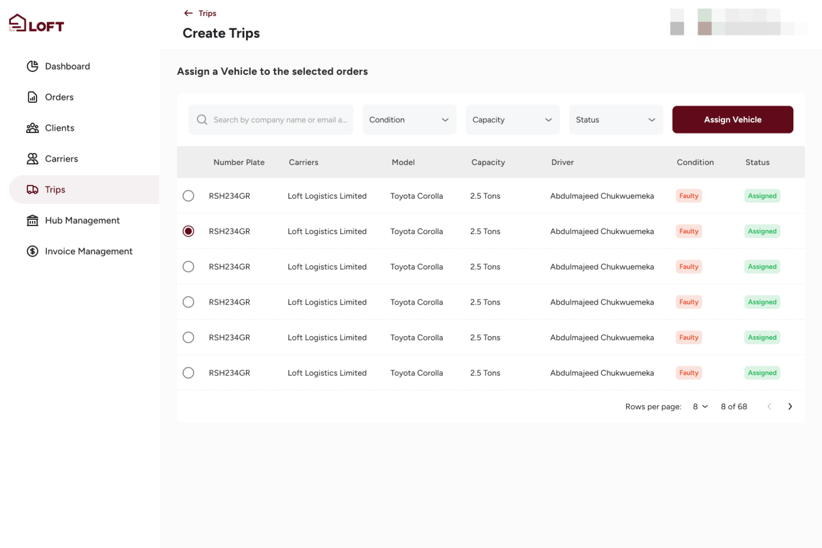 Assign a vehicle to the selected orders by condition and capacity