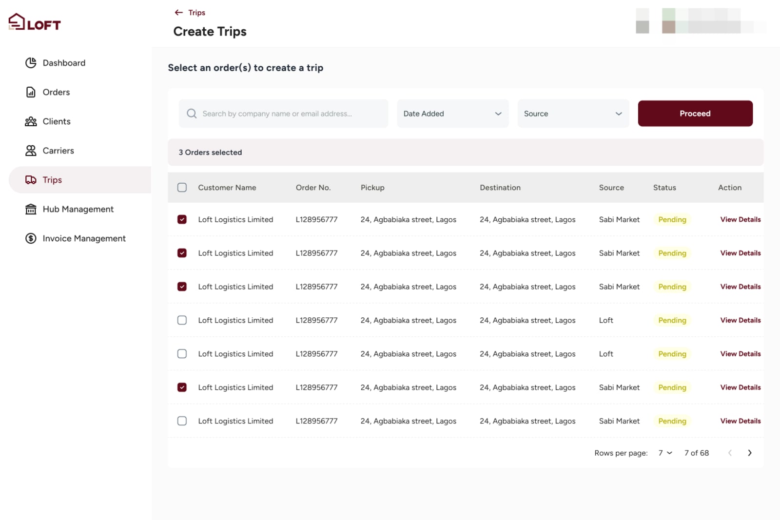 Create trip: select orders by source and status