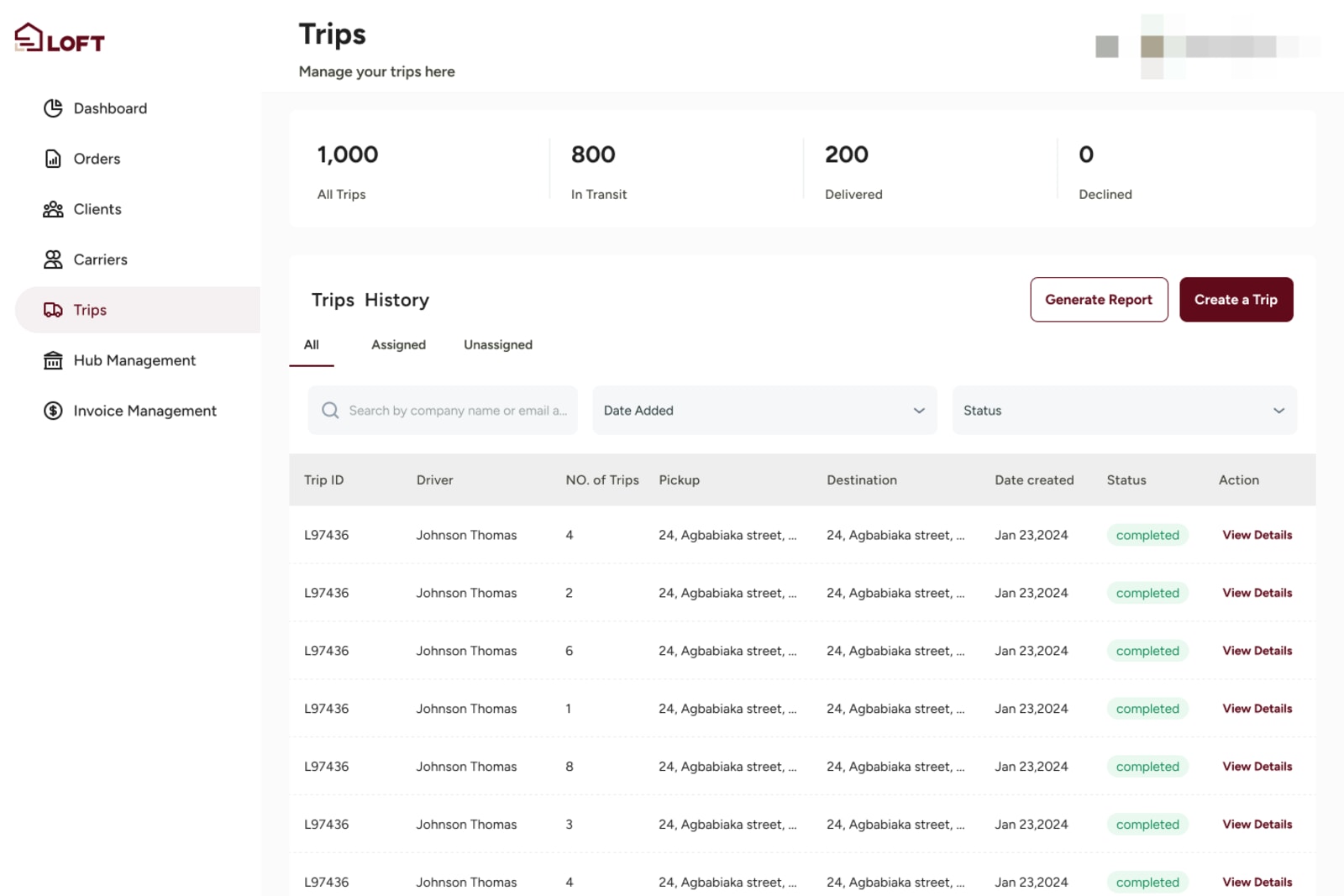 Trips: all, in transit, delivered and declined, with the trip history