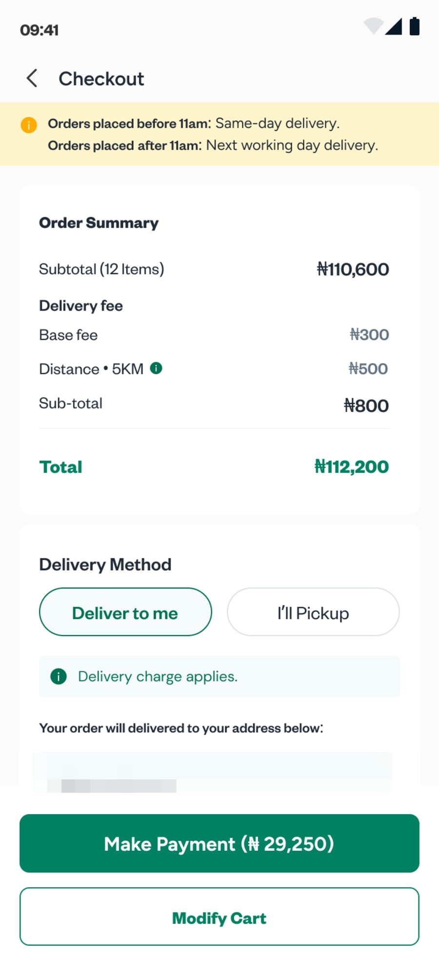 Checkout with the same-day delivery cut-off and a delivery fee broken down