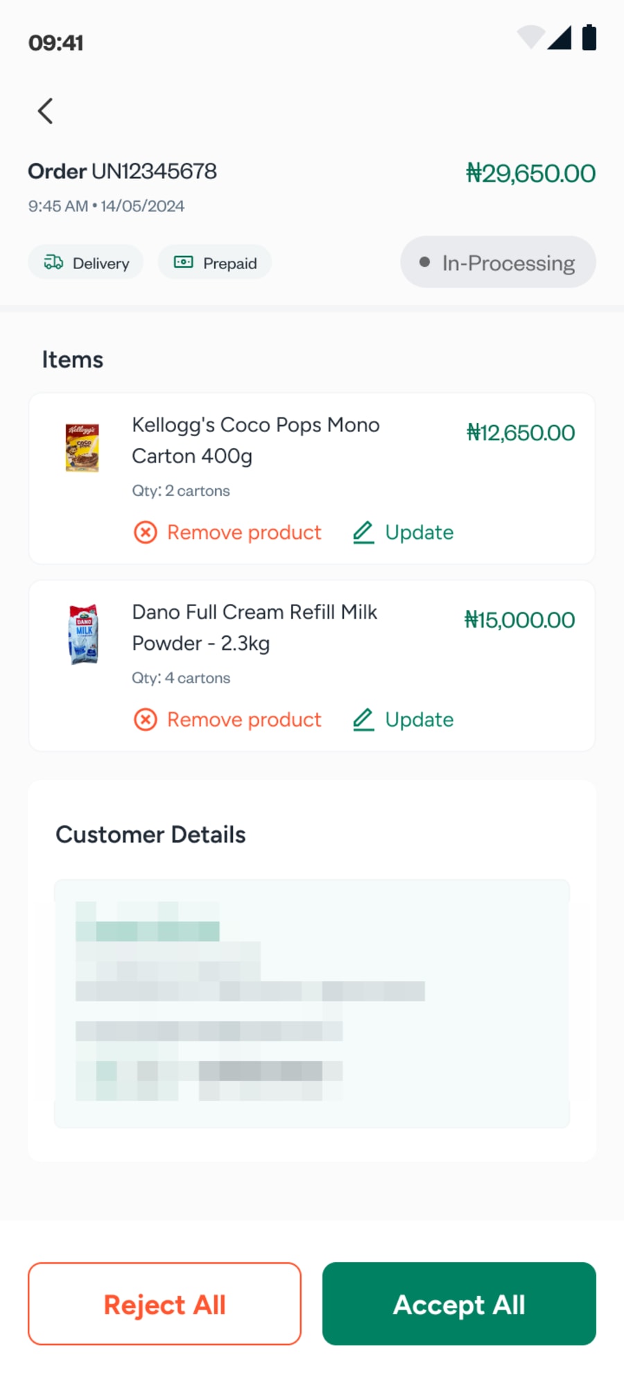 An incoming order, editable item by item, with Accept All or Reject All. Customer details blurred.