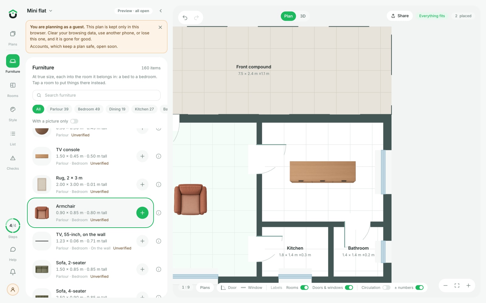 A wardrobe and armchair placed: everything fits