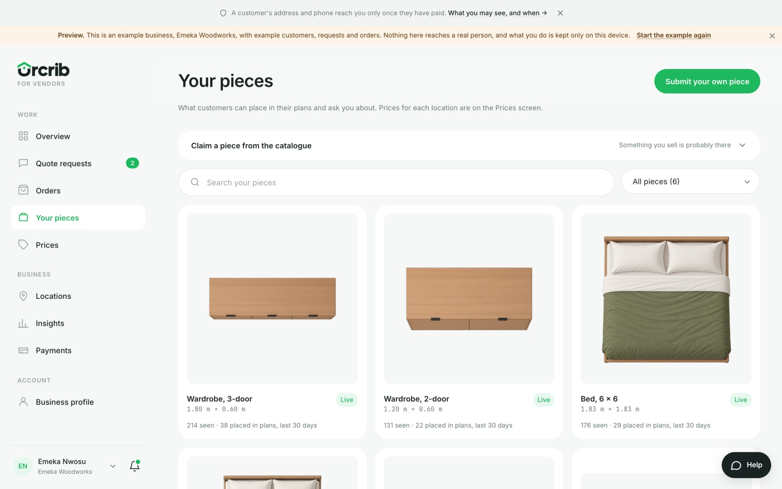 The vendor's own pieces, listed at the size they are sold