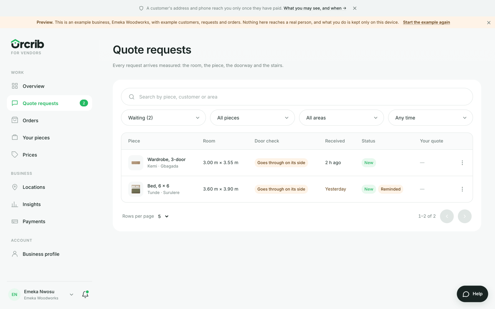 Quote requests, newest first
