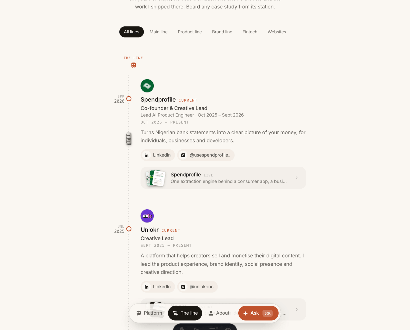 The line page: stations with their logos, roles and work