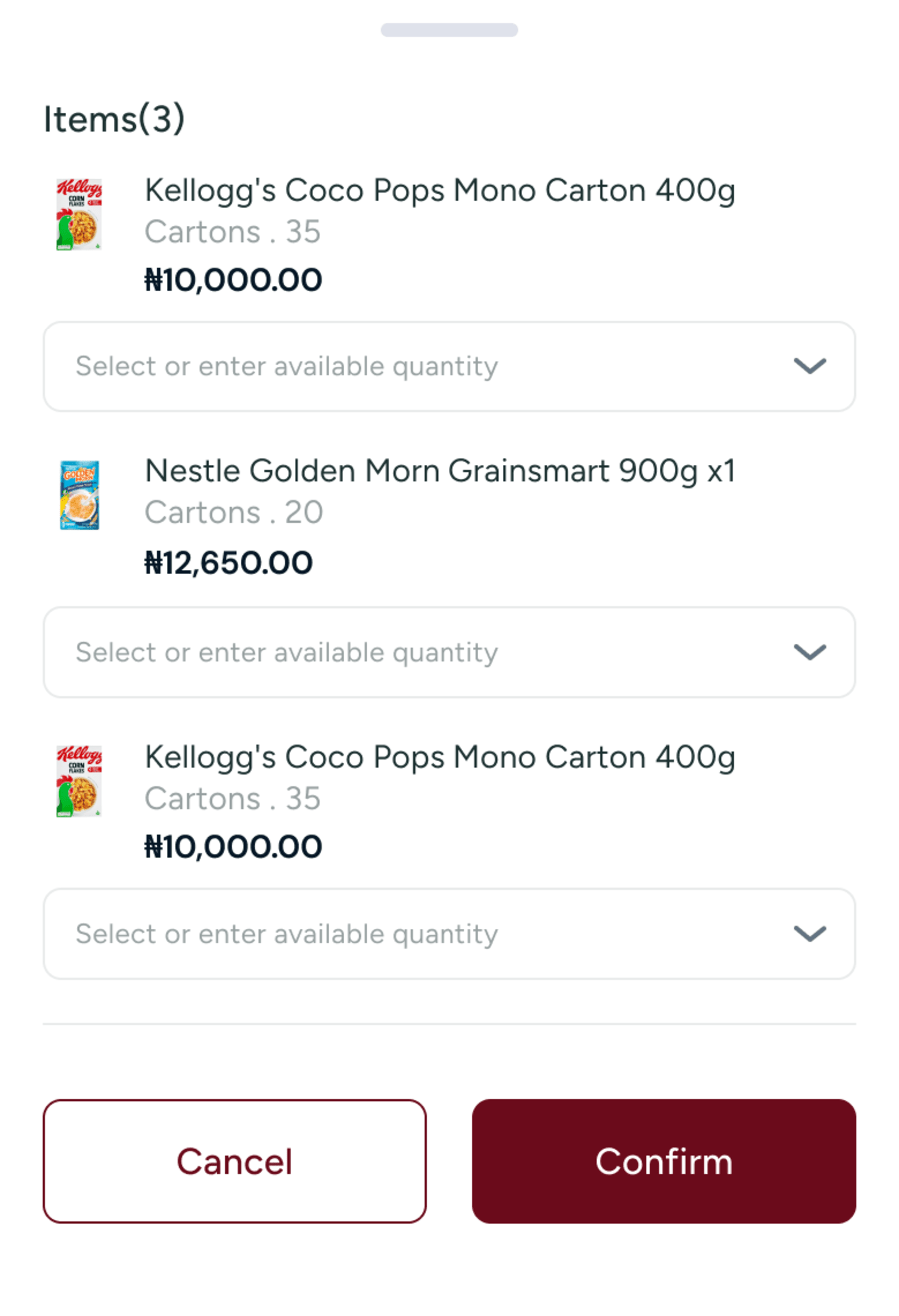 At pickup: select or enter the available quantity for each item, or report an issue