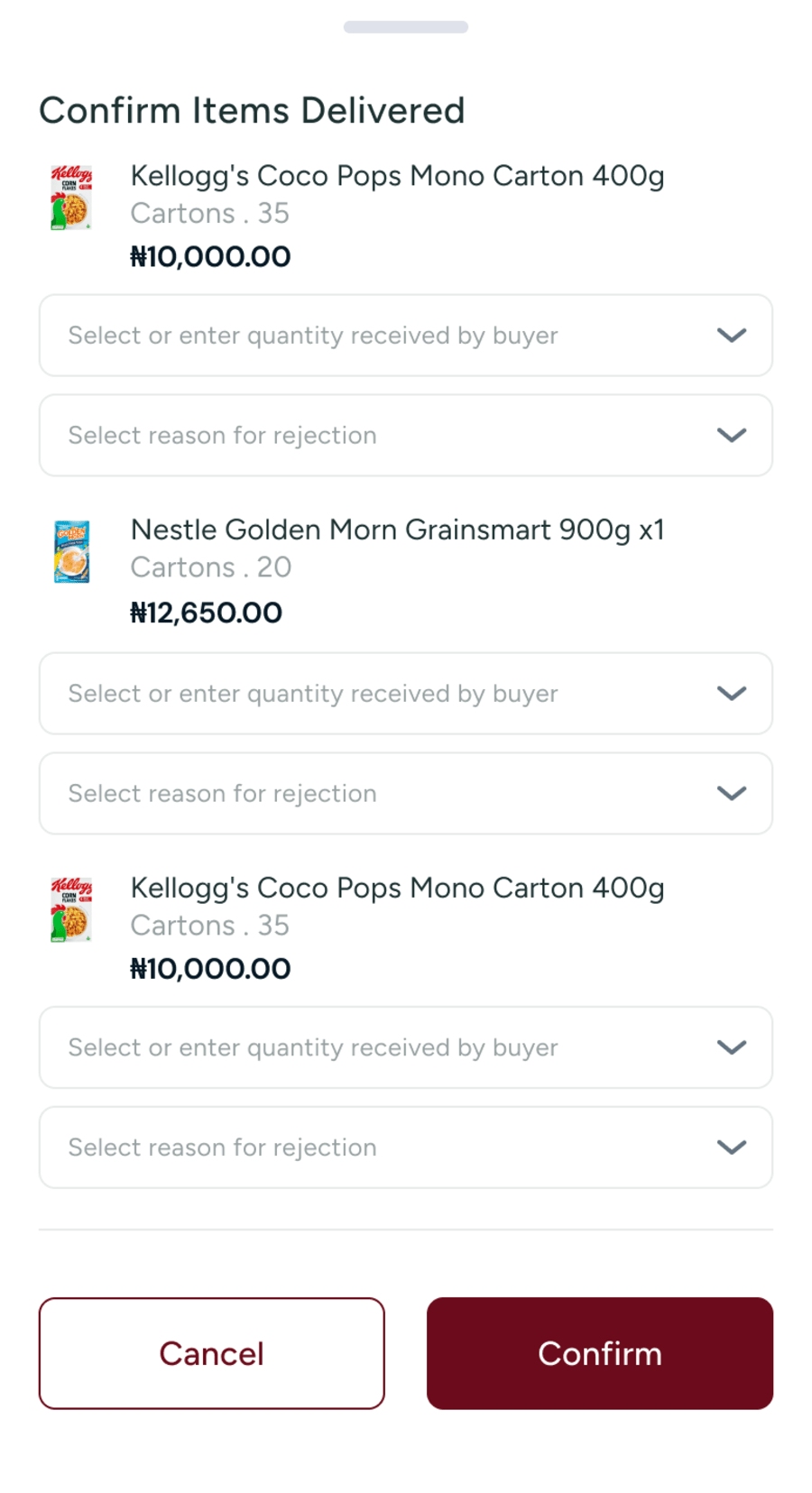 Confirm items delivered: the quantity received by the buyer and a reason for any rejection