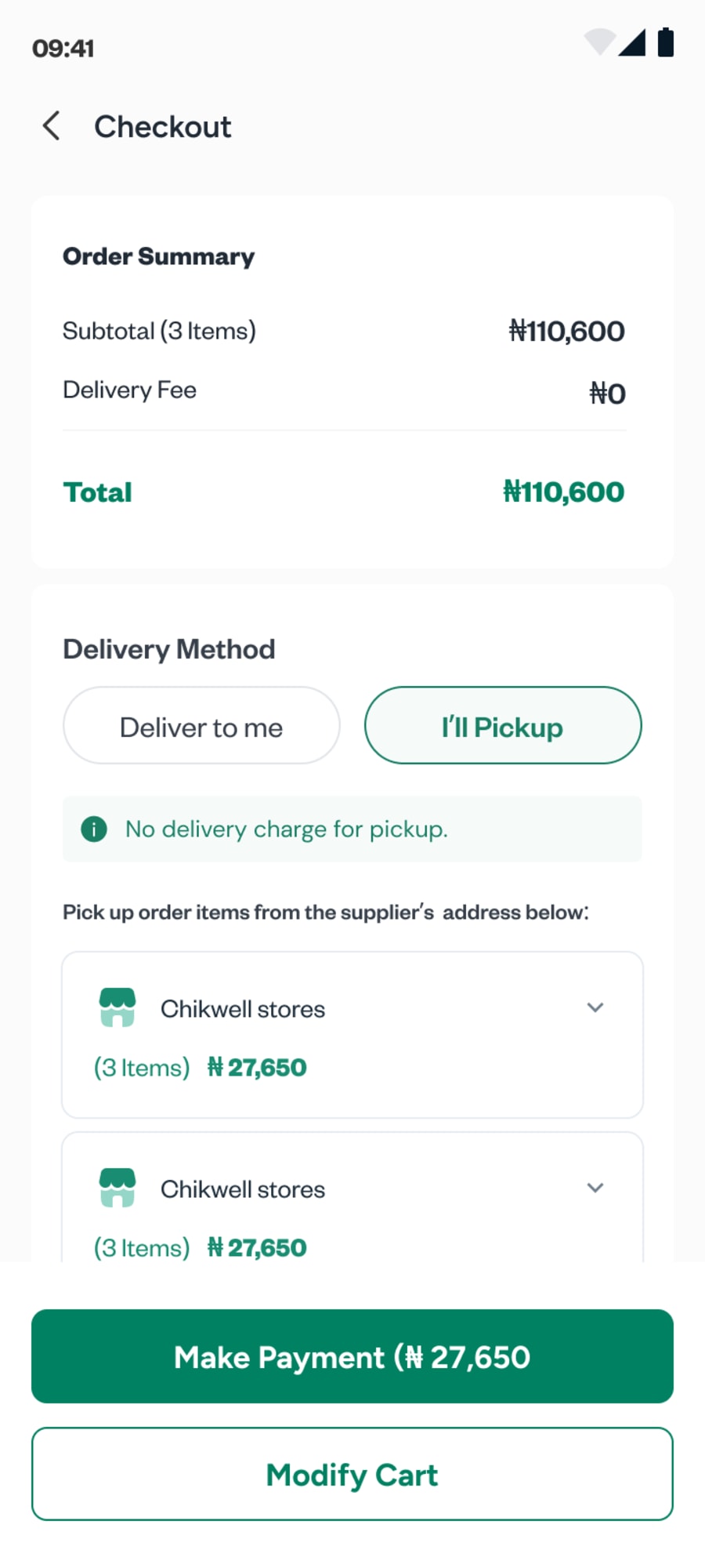 I'll pick up: no delivery charge, with each supplier's pickup address