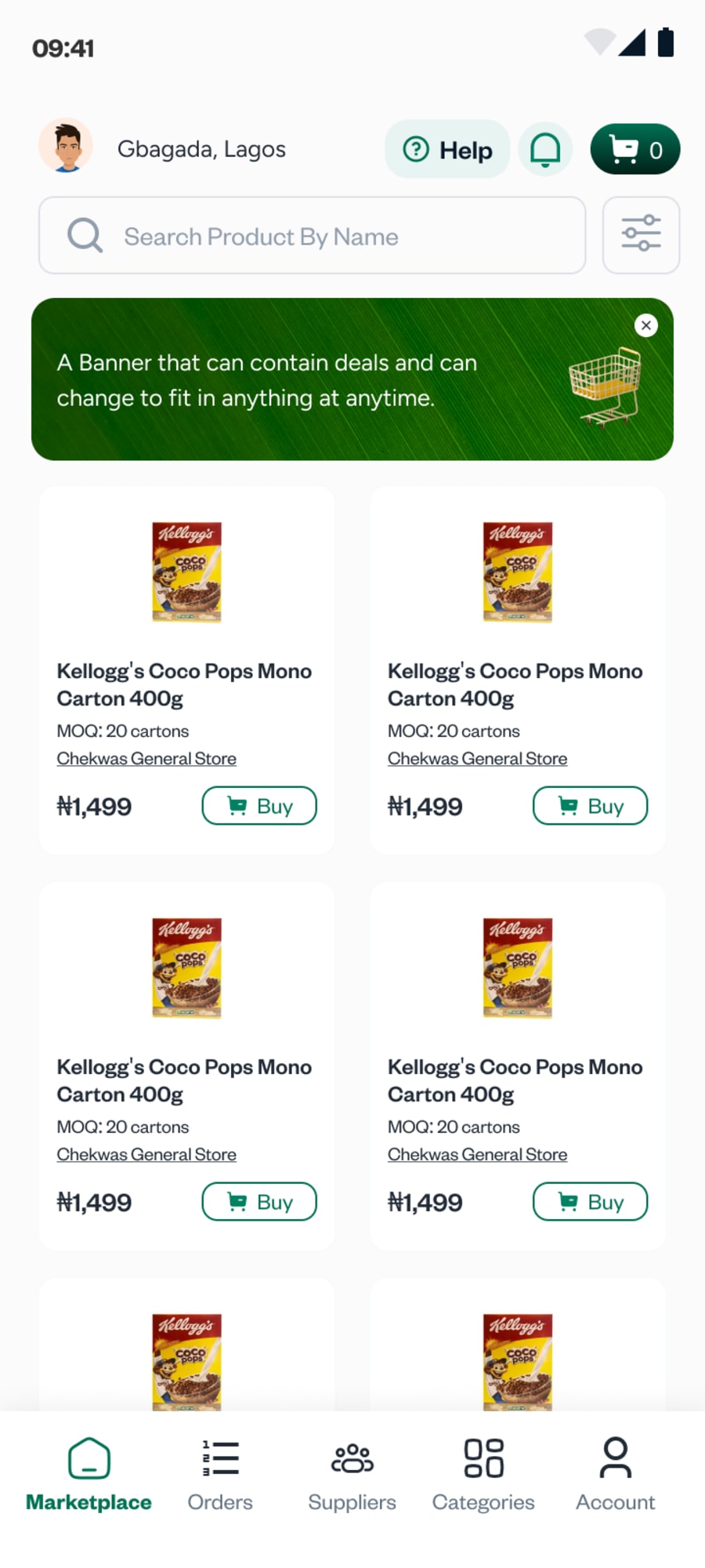Sabi Market home: search, a deals banner and products with their minimum order in cartons