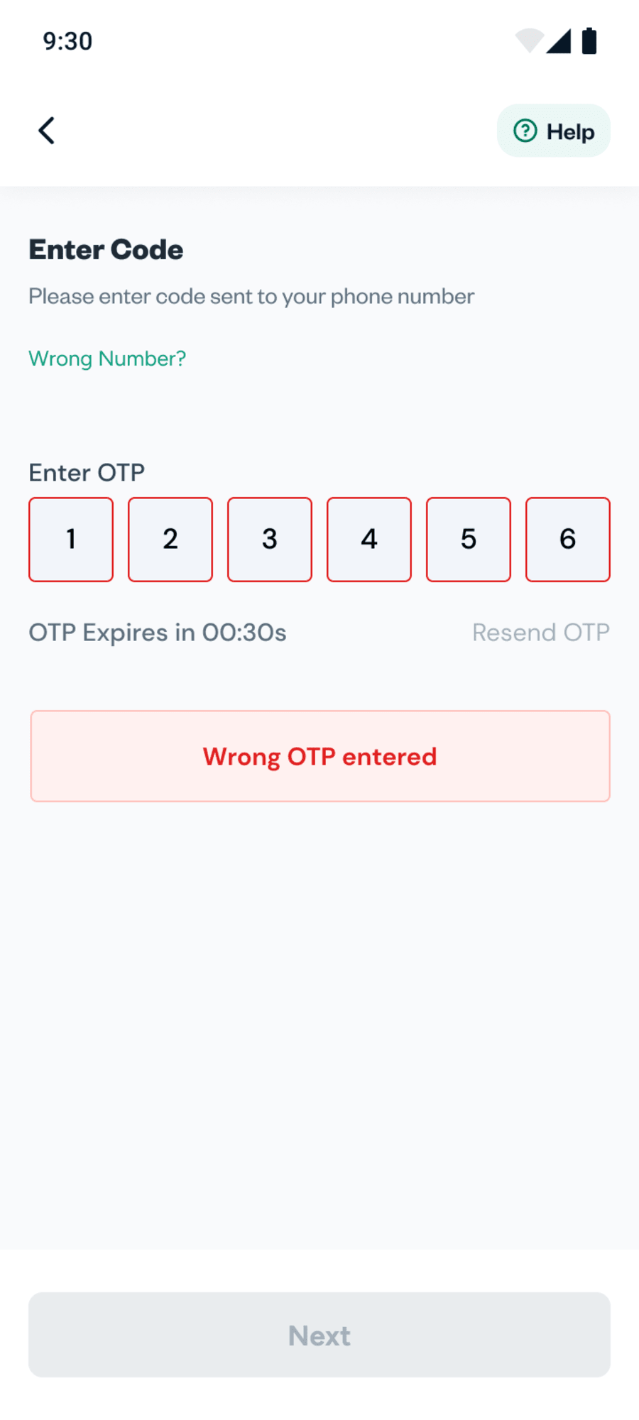 Wrong OTP entered, shown clearly with the code still on screen