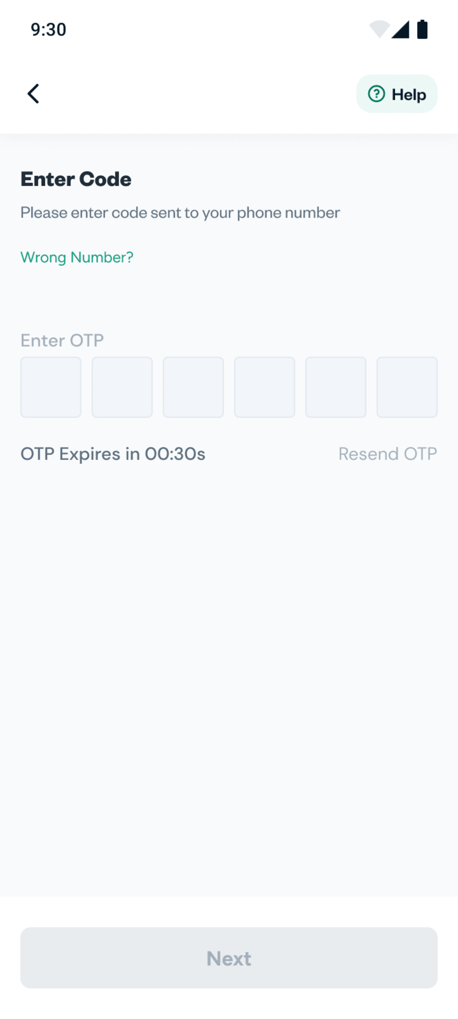 Enter the code sent to your phone, with an expiry countdown and Wrong number