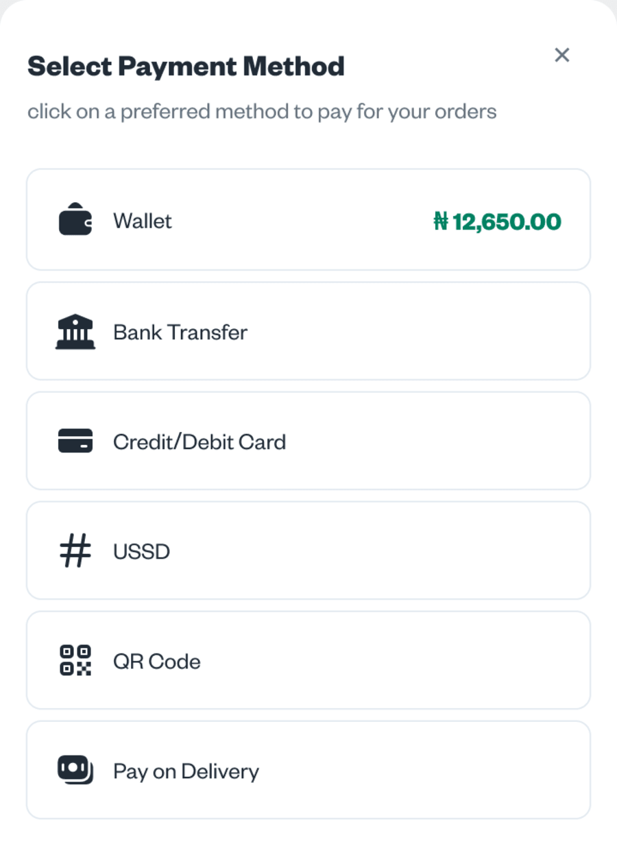 Select a payment method: wallet, bank transfer, card, USSD, QR code or pay on delivery