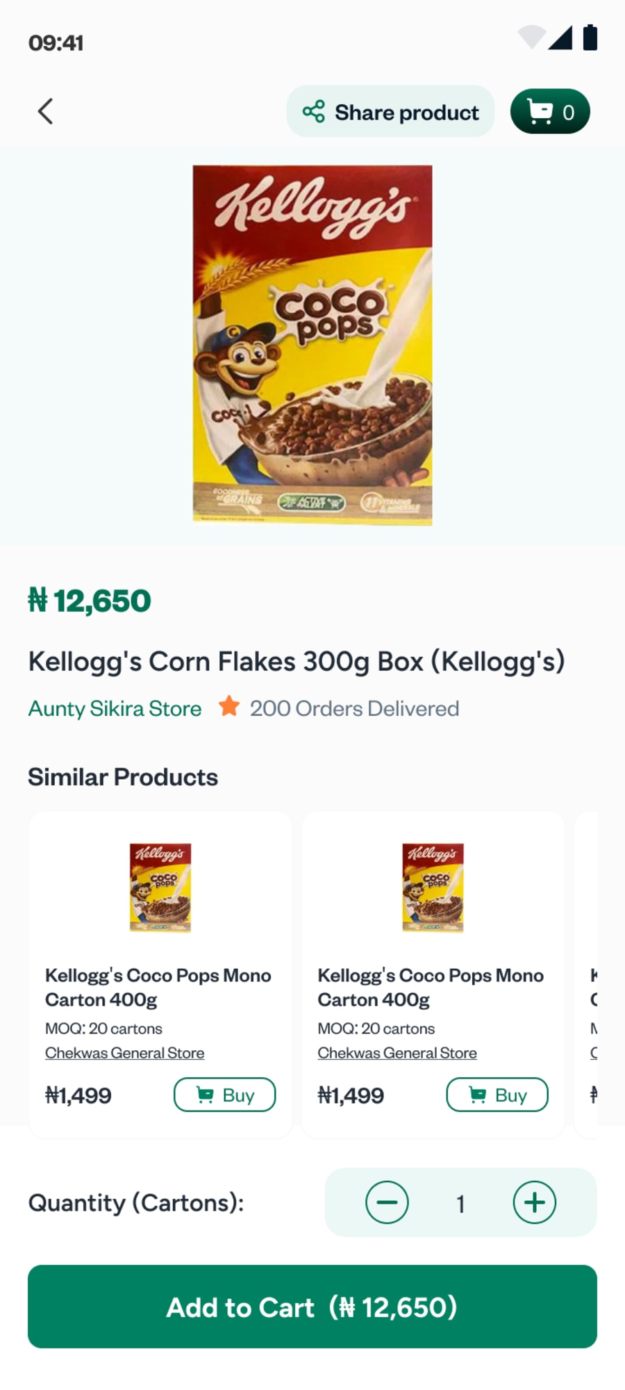 A product: price per carton, the supplier store, orders delivered and similar products